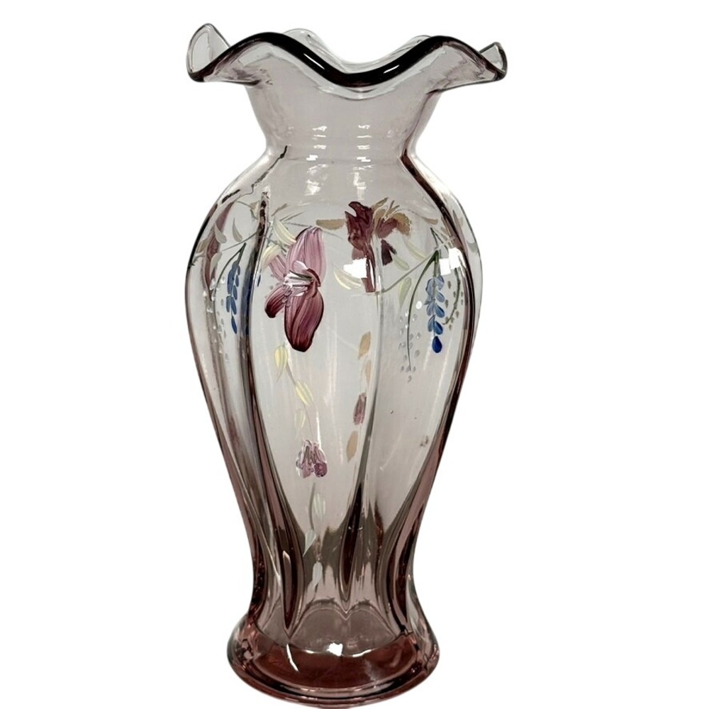 Fenton Amethyst Glass Floral Vase Hand Painted Ruffled Rim 9" Purple USA Vintage